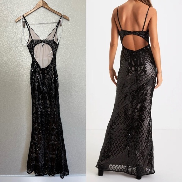 Flirty Fate Black and Beige Sequin Cutout Maxi Dress - Picture 4 of 9